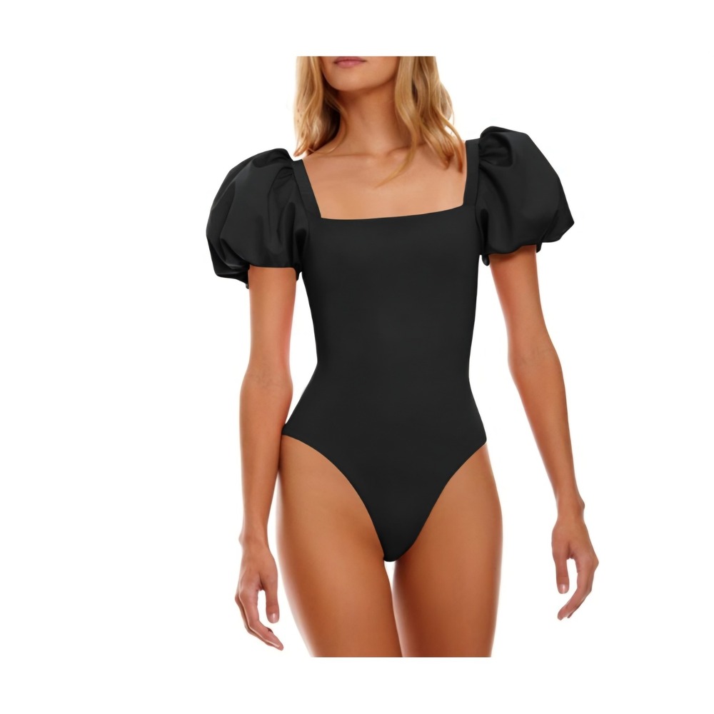 Black Square Neck Puff Sleeve One Piece Swimsuit G7F708 Size Small